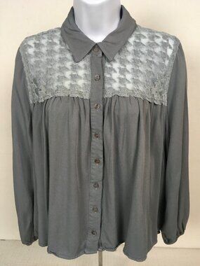 EE Some Womens Top Size S Gray Button Down Lace Neckline Long Sleeves